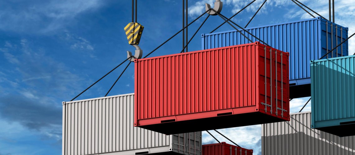 Crane hook with a cargo container for text, 3d rendering